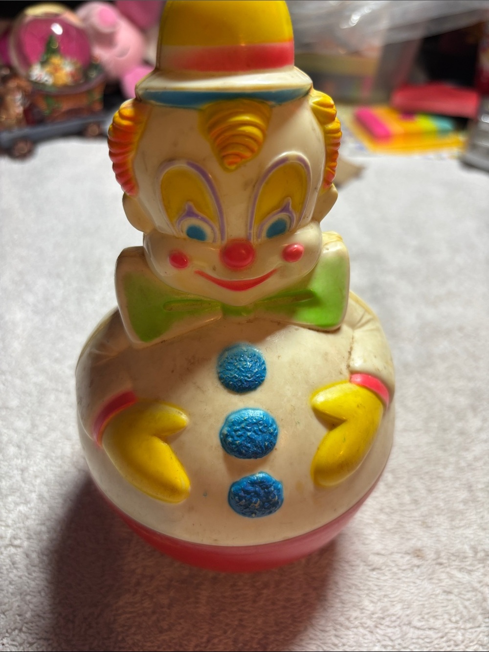 Classic Clown Vintage Roly-Poly Toy – White, Yellow, Blue, Green